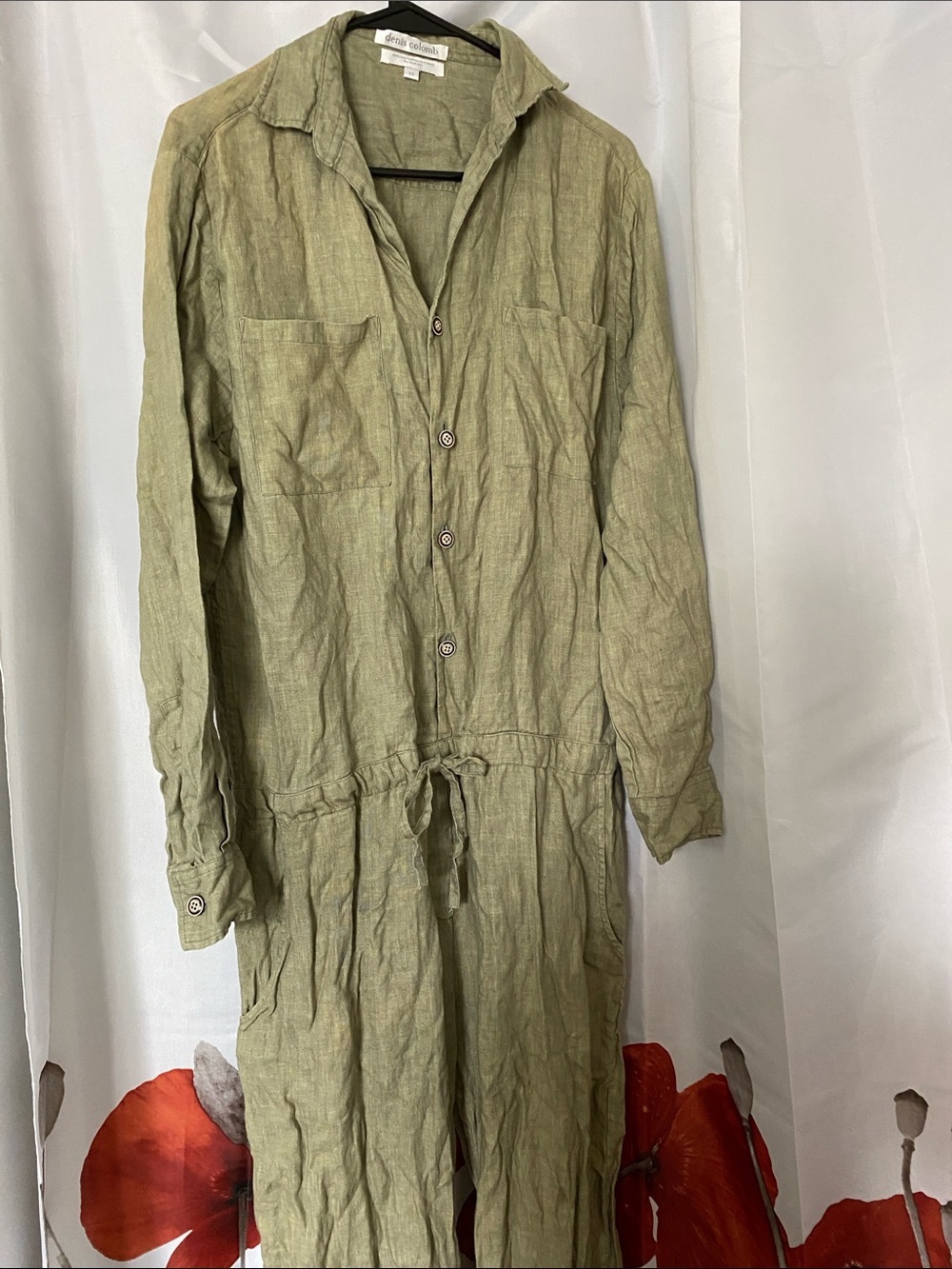 Light Olive Green Long-Sleeve Linen Jumpsuit with Drawstring Waist